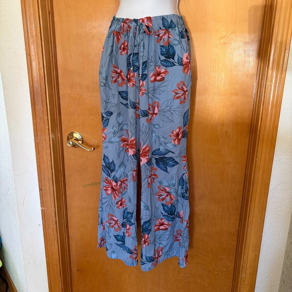 Raya Sun Wide Leg Floral Boho Pants Blue Coral Tropical Coastal Resort SZ L